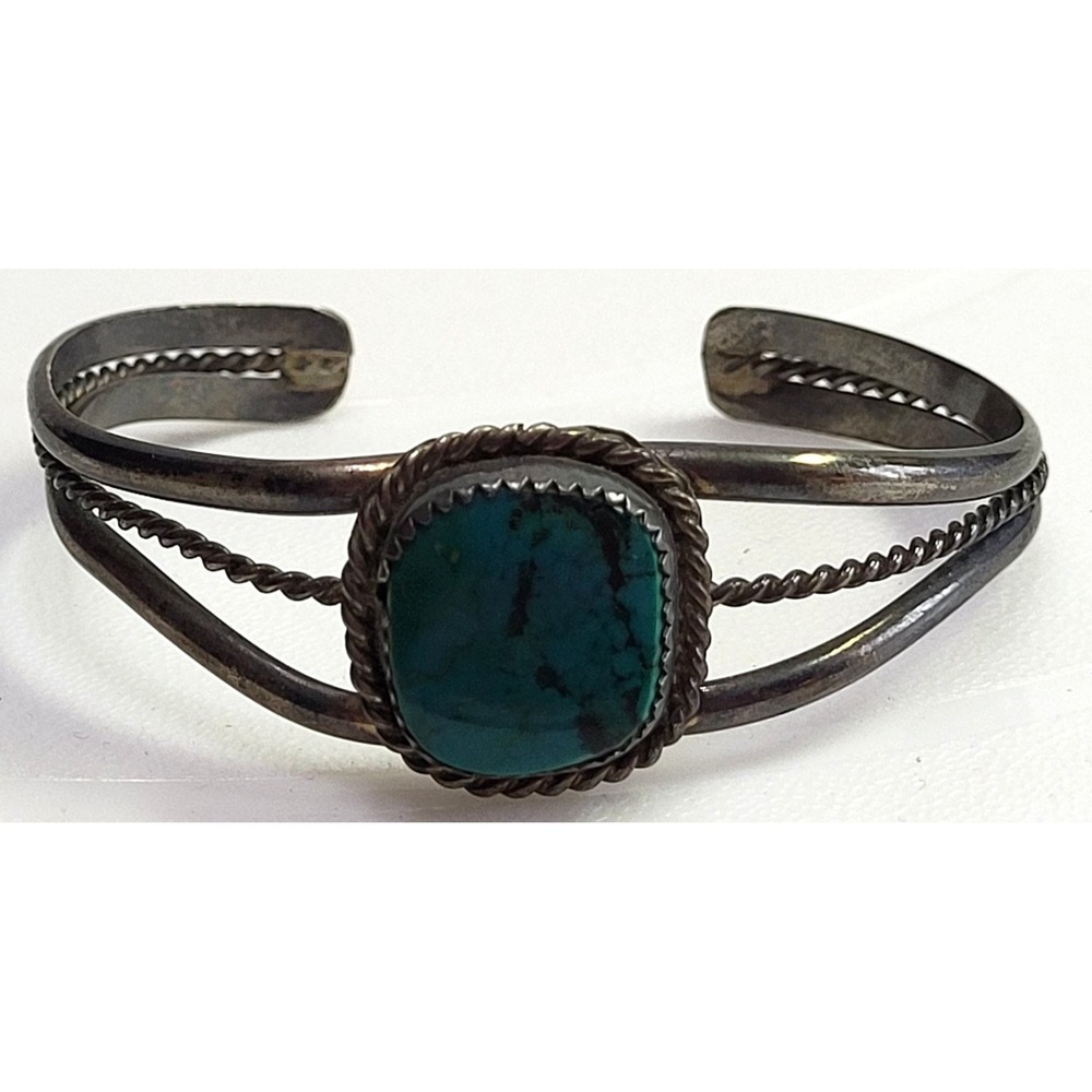 Sterling Silver Turquoise Beaded Wire Cuff Bracelet Handmade Vintage Navajo